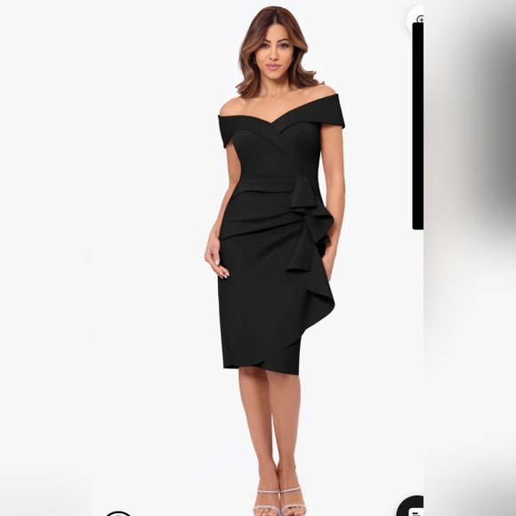 Xscape Dresses & Skirts - Xscape Evenings"Jessie" Short Scuba Off the Shoulder Ruffle Dress